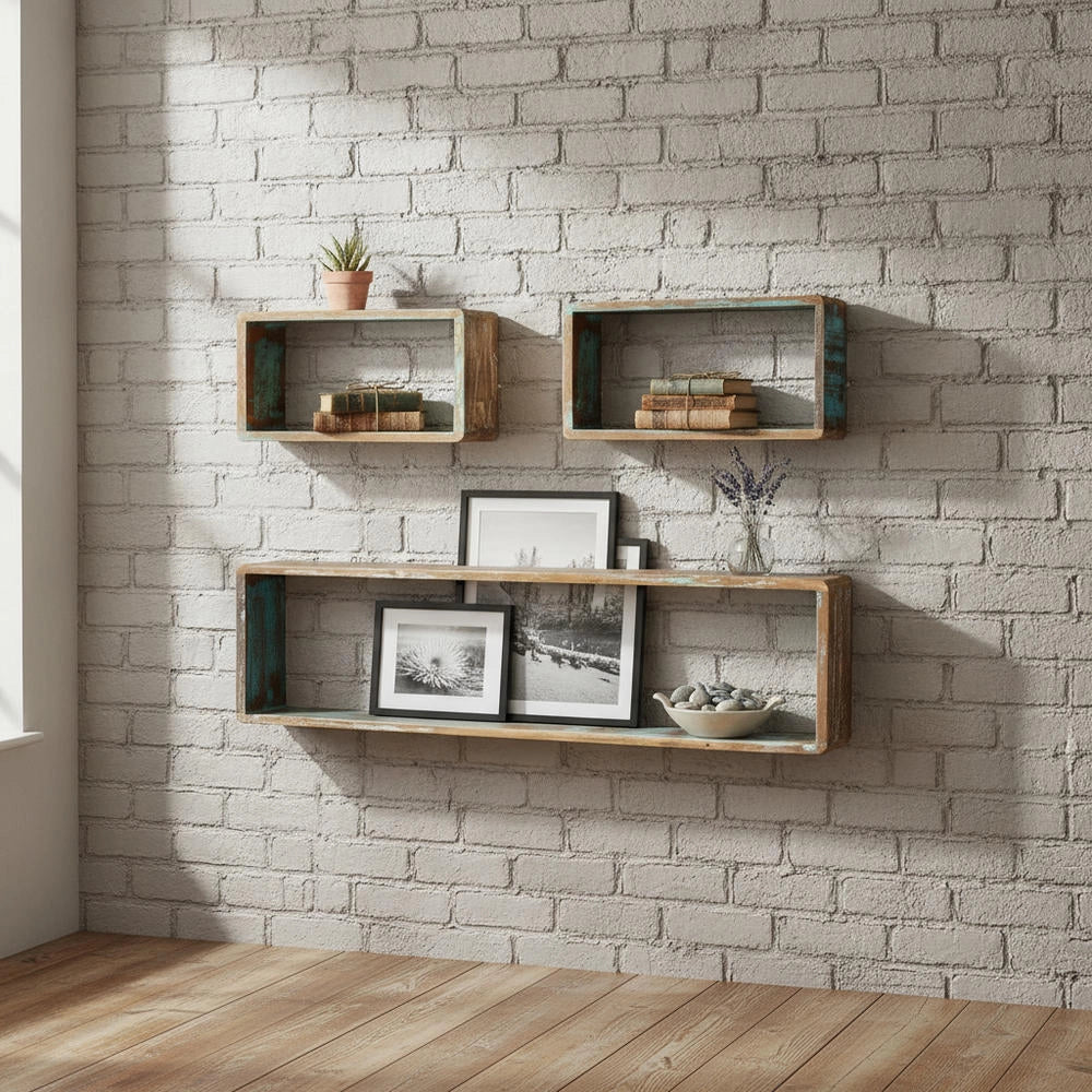 3-piece Cube Wall Shelf Set Made Of Recycled Solid Wood