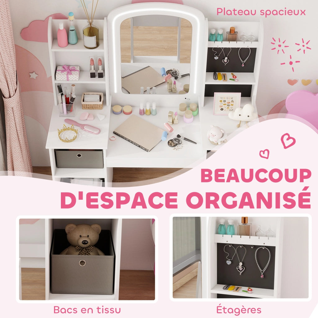 Tavolo da trucco bambini con sgabello e specchio LED ¨C zephmum ¨C 104x40x112 bianco