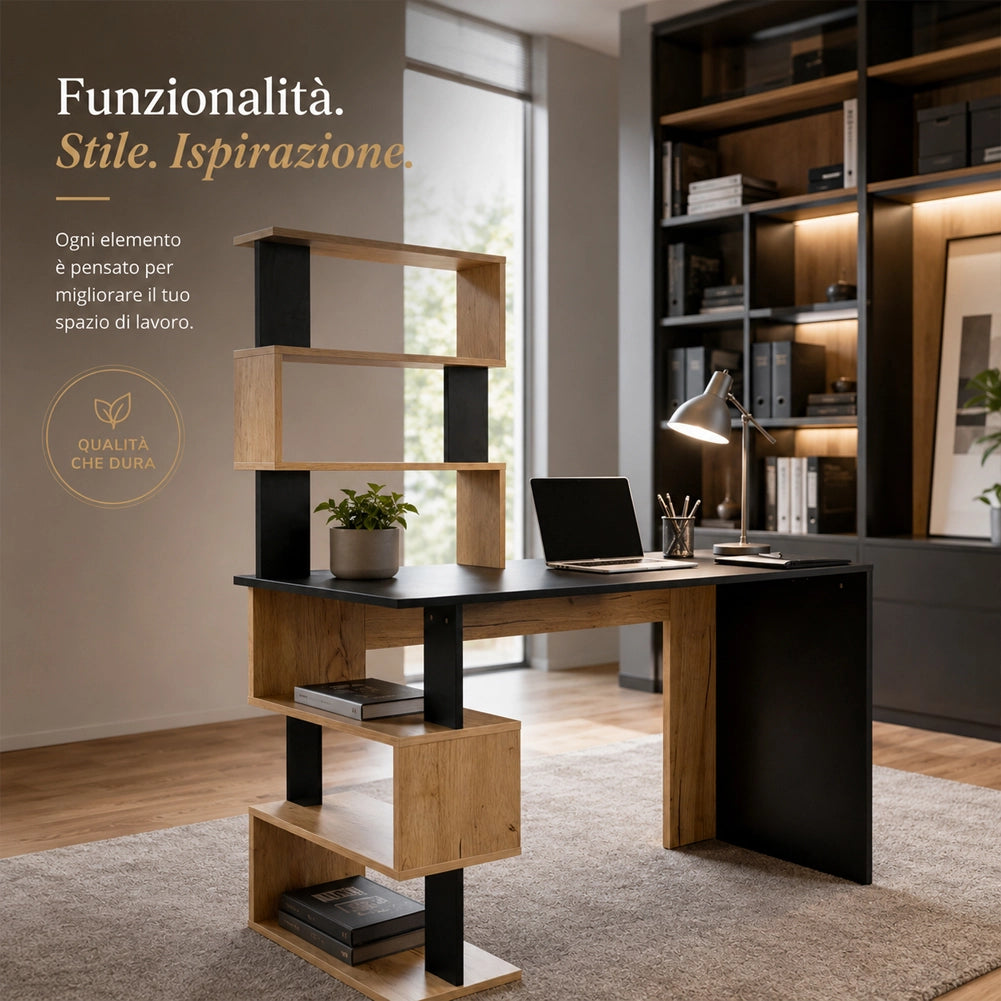 Scrivania con Libreria 120x60x148 cm Ripiani con Struttura Geometrica in Legno Nero e Quercia