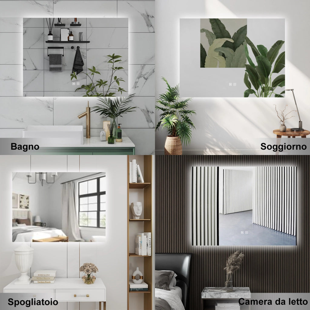 AICA Specchio da bagno 80 x 60 cm, dimmerabile, Funzione Memoria, antiappannamento, 3 colori