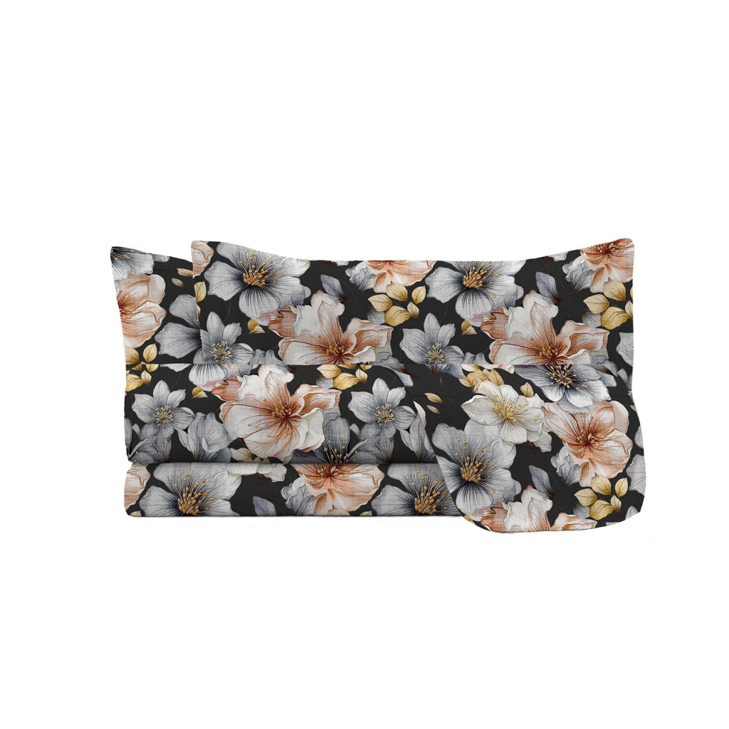 Set Lenzuola Infinity Matrimoniale Sopra Sotto e Federe in Poliestere Black Flower