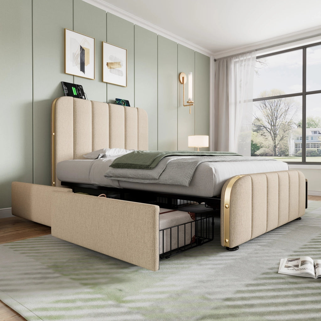 Letto singolo imbottito 90x200 cm con 4 cassetti, USB e materasso incluso