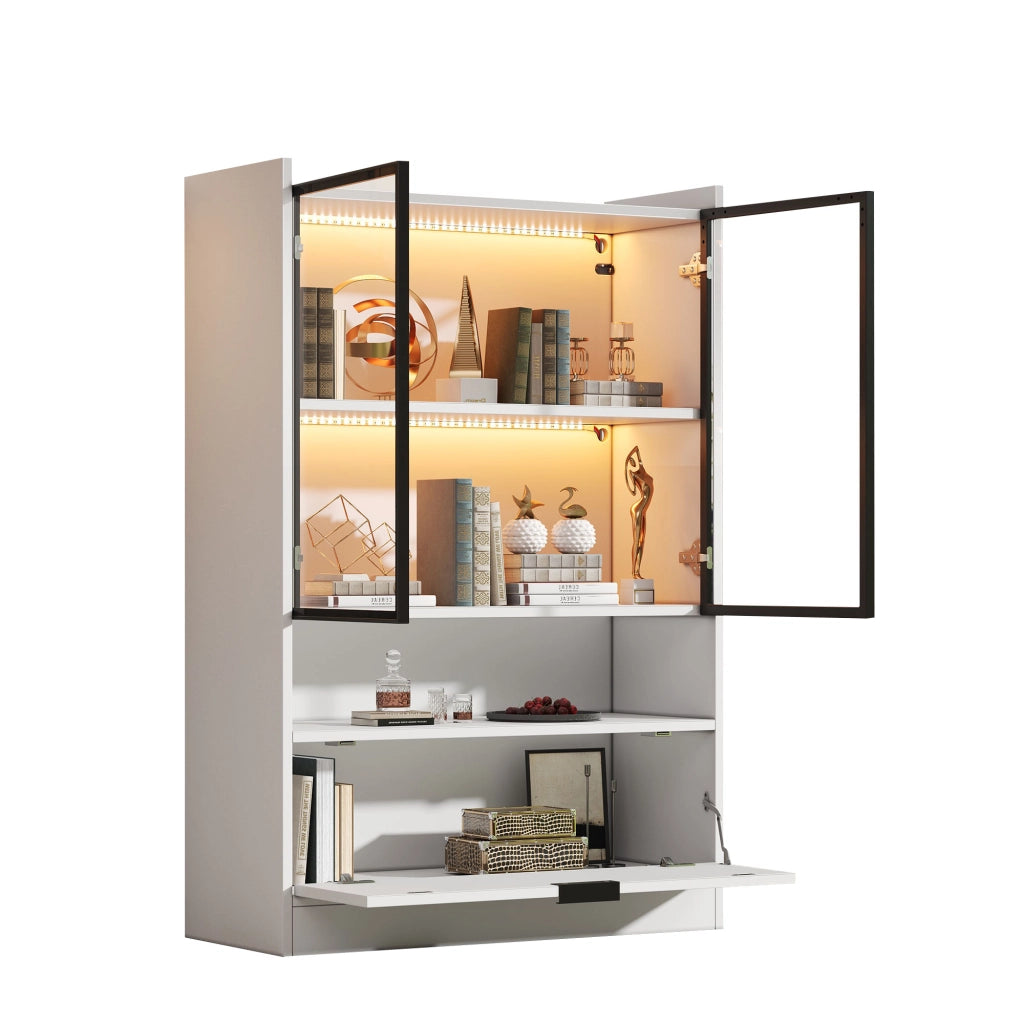 Vetrina con LED e ante in vetro, vano ribaltabile, per soggiorno, in truciolare e vetro, bianco 120 × 80 × 35 cm