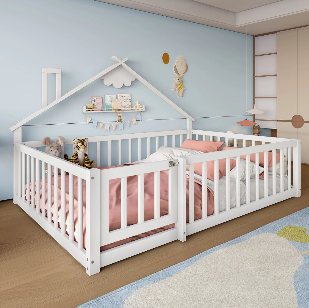 Letto per bambini 140x190 cm con spondino e serratura in pino e MDF bianco