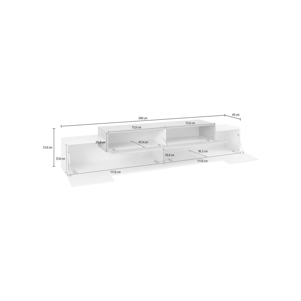 Mobile da soggiorno Porta Tiche, Made in Italy, Supporto per Tiche da salotto a 3 ante e ripiani, cm 240x45h52, Bianco lucido e Cemento