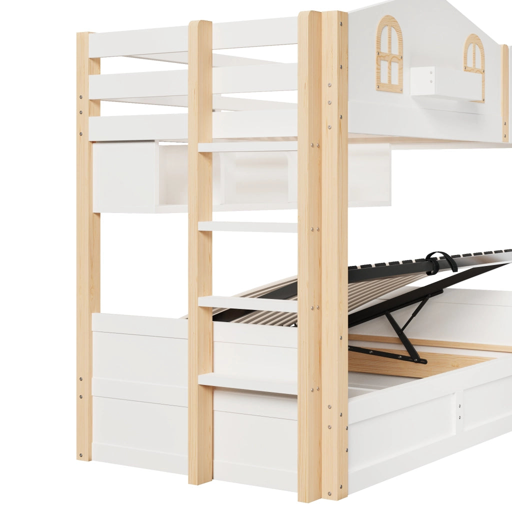 LETTO A CASTELLO 90x200 cm in pino massello e MDF, design casetta, bianco/naturale