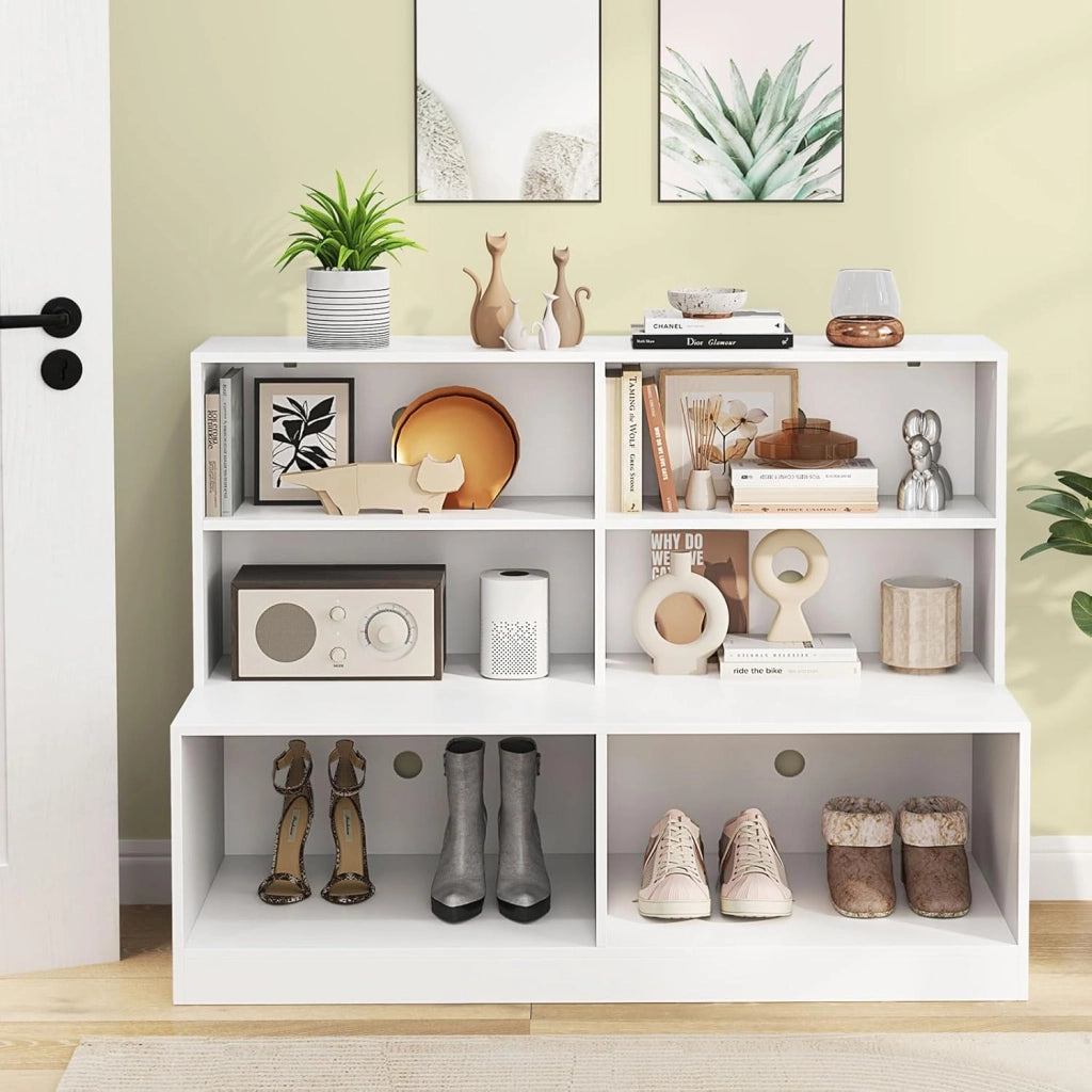 Scarpiera con Seduta, Mobile d'Ingresso 2 in 1 con Kit Antiribaltamento, Panchina per Cambio Scarpe, Stile Moderno Organizzatore a 6 Cubi per Ingresso, Soggiorno, Corridoio, Bianco