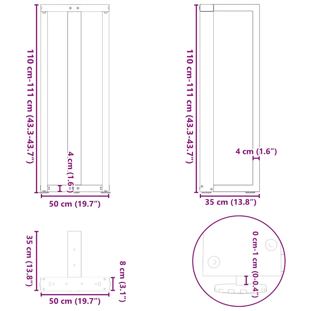 Gambe per tavolo da bar a forma di T 2 pz bianche 50x35x(110-111) cm in acciaio 4013101