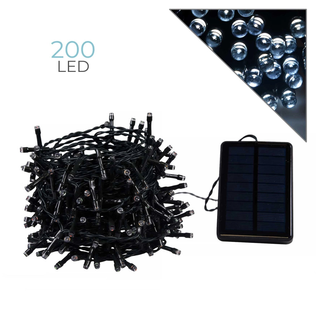 CATENA LUMINOSA LED 200 LUCI BIANCO FREDDO A RICARICA SOLARE - DECORAZIONI NATALIZIE PERFETTE PER GIARDINI ALBERI E ATTIVITA' COMMERCIALI