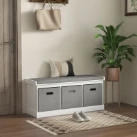 Panca Scarpiera in Legno con 3 Cassetti e Seduta in Tessuto per 3 Paia di Scarpe, 105x35x47 cm, Bianco