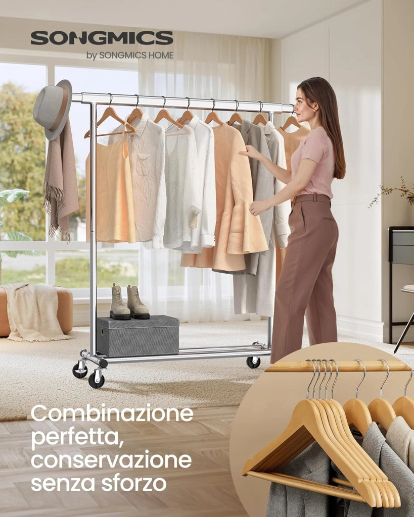 SONGMICS Stand Appendiabiti con Set di 20 Grucce in Legno, Appendiabiti con Rotelle, Asta Estensibile, Gancio Girevole a 360°, Colore Argento e Naturale HSW013S01
