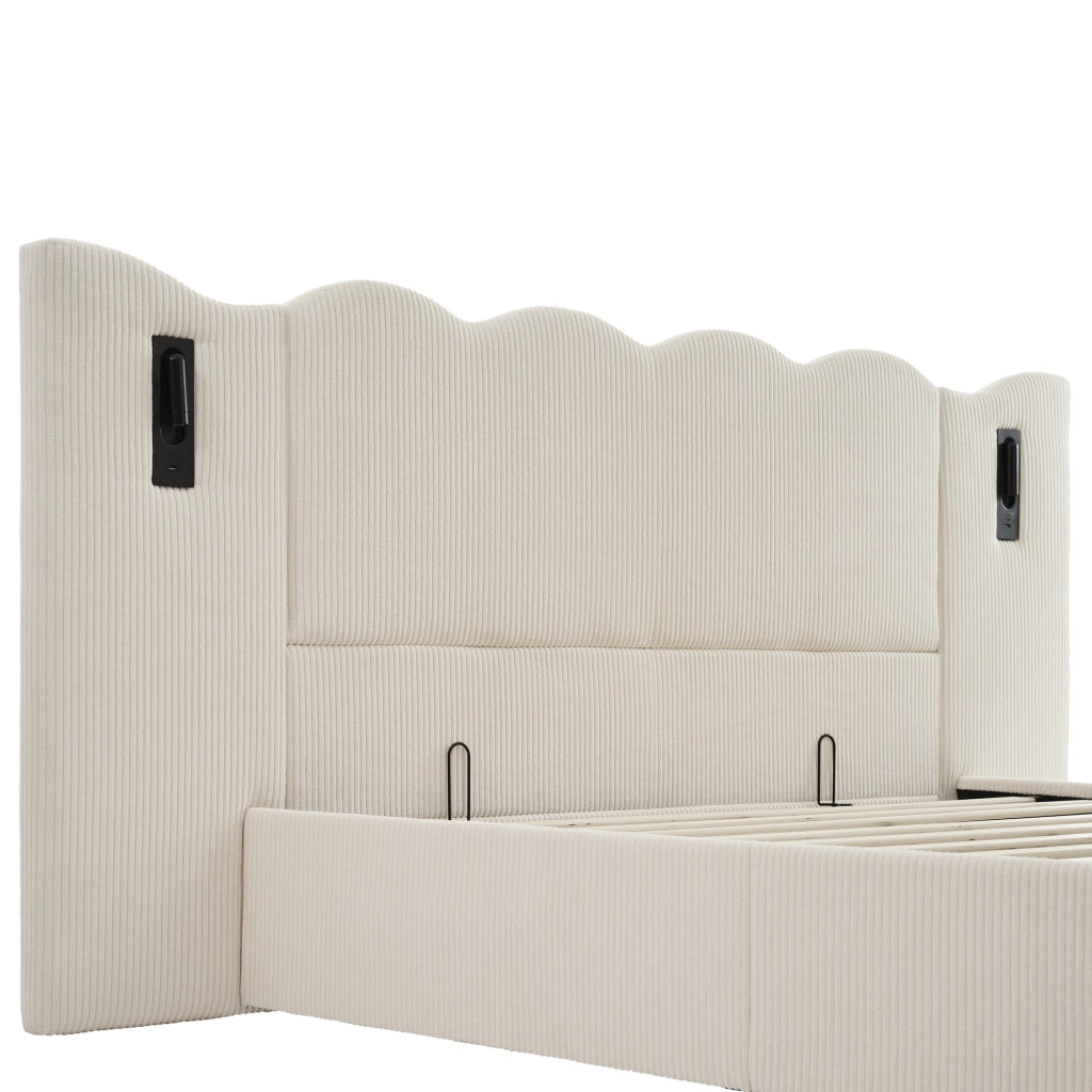DESMIU Lit coffre 180 × 200 cm 2 posti con lampada da lettura, USB e Type-C, senza materasso, in velluto a coste, beige bianco