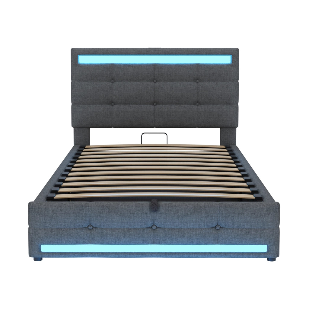 Letto imbottito 90x200 cm con luci LED RGB, porte USB, testiera regolabile e struttura salvaspazio, grigio