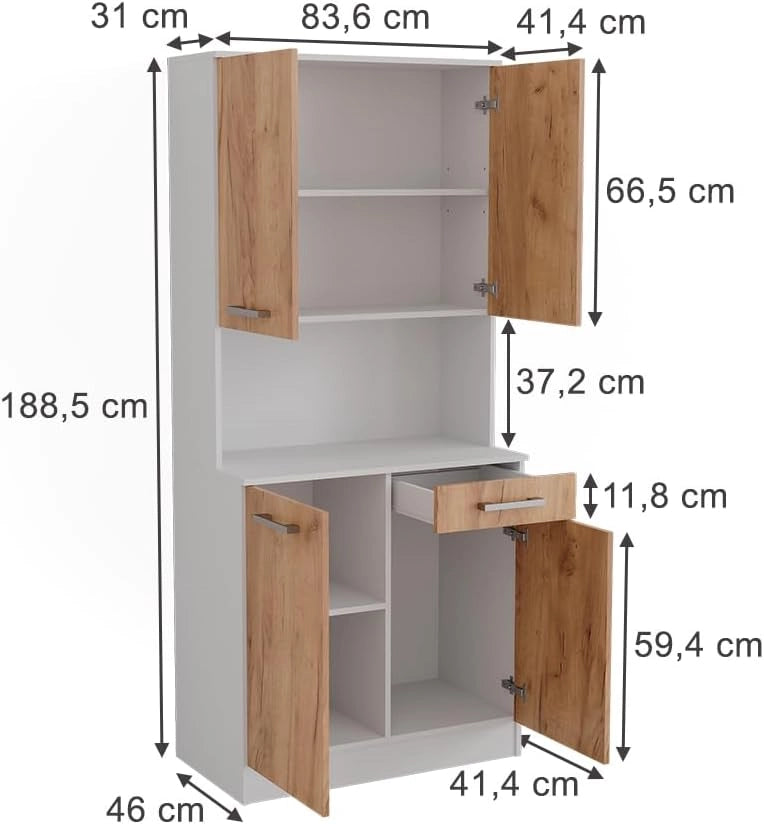 Buffet da cucina Raul, Rovere bianco/dorato, 83.6 x 188.5 cm con 4 porte e 1 cassetto, con ripiano aperto per dispositivi e combinabile con moduli aggiuntivi