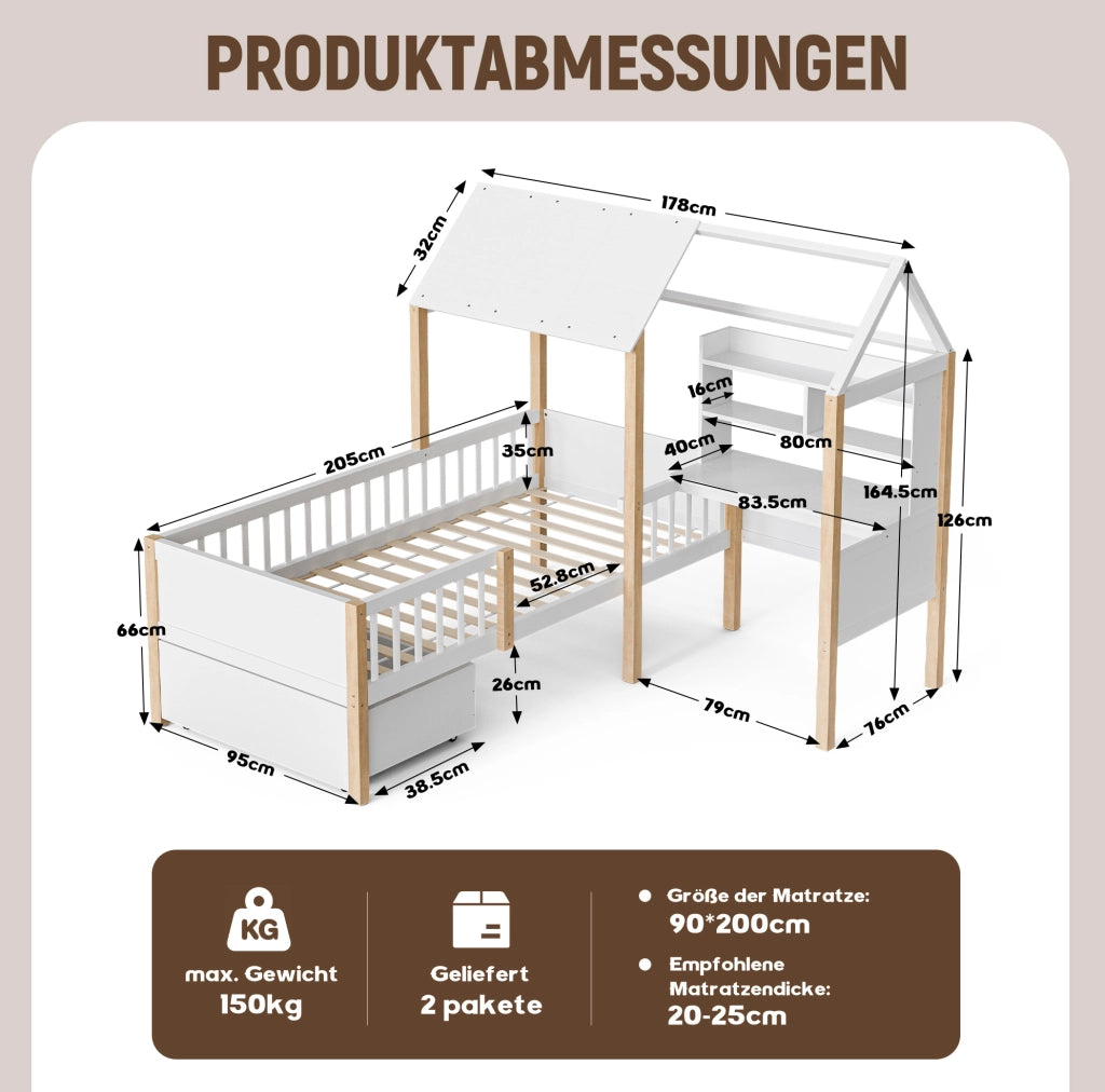 Letto a soppalco 90x200 cm con scrivania; libreria e cassetti in legno bianco