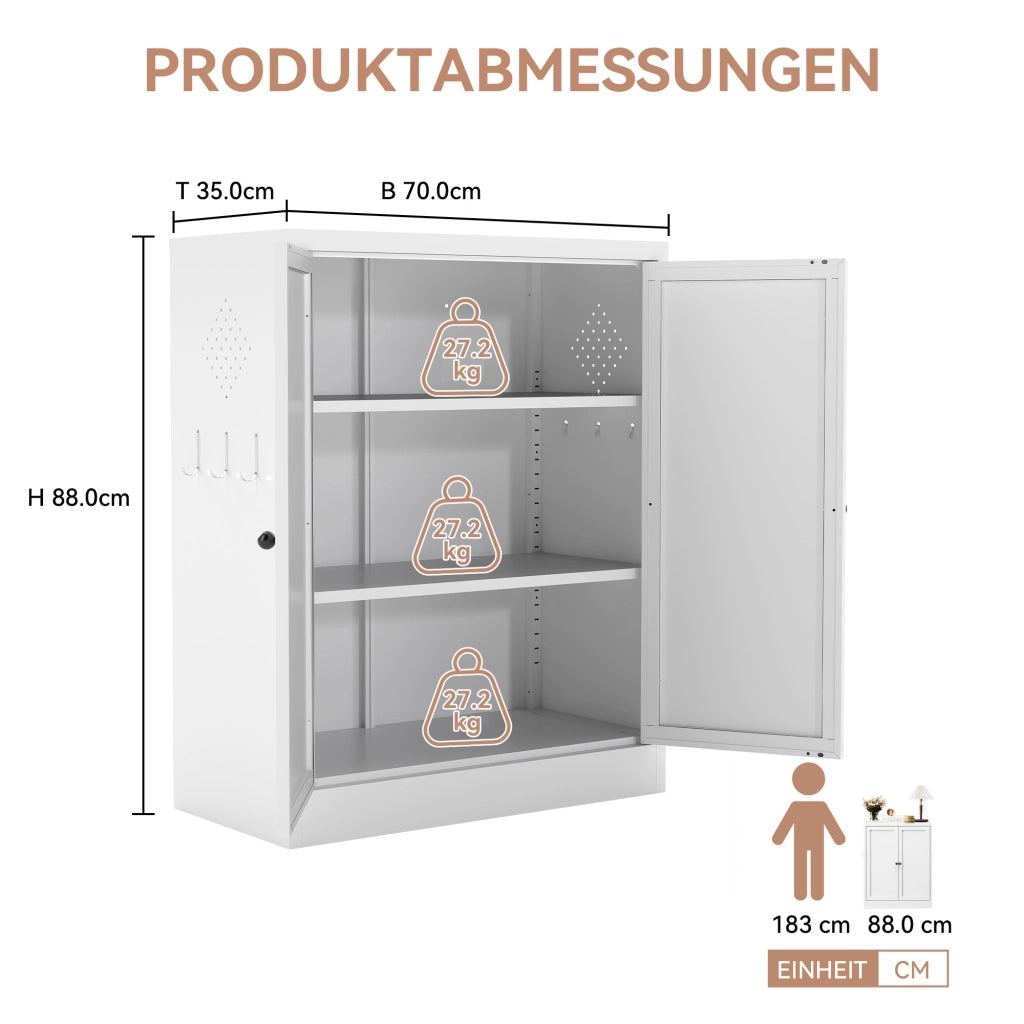 Mobile contenitore con 2 ripiani regolabili e ganci, per cucina e bagno, in metallo bianco, 88 × 70 × 35 cm