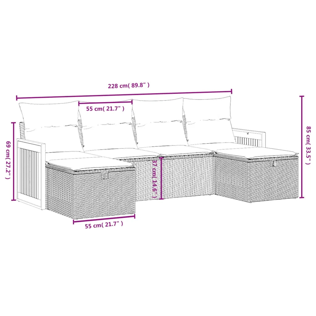 Set Divano da Giardino 6 pz con Cuscini Nero in Polyrattan