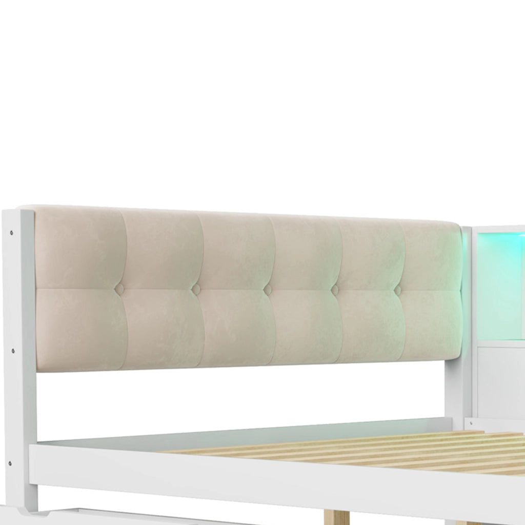 Letto a Divanetto 140x200 cm; Letto Singolo - 2 Cassetti; USB; LED e Mensole; Bianco