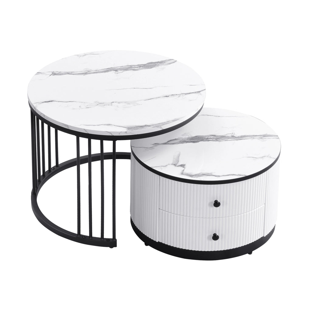 Set 2 tavolini da caffè rotondi con 2 cassetti; effetto marmo lucido; MDF; bianco/nero