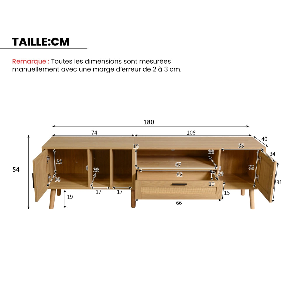 Mobile TV con 2 Ante; 1 Cassetto e 3 Vani Aperti; con Gestione Cavi; in Pannello Truciolare; 180¡Á40¡Á55 cm; Rovere