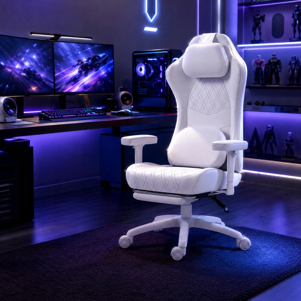 Sedia Gaming DOWINX Bianca con Molle Insacchettate; Poggiapiedi e Schienale Reclinabile 135°