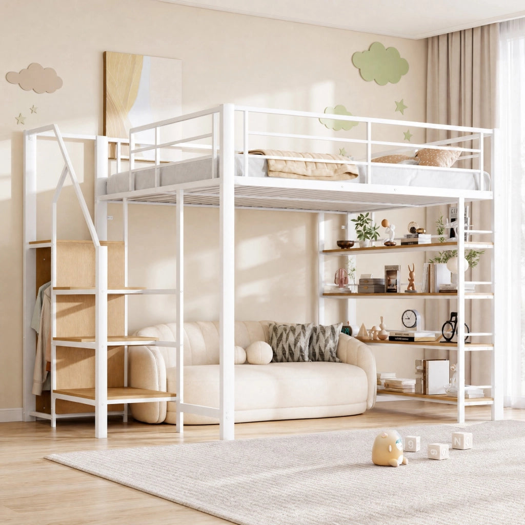 Letto a soppalco 140x200 cm con scala contenitore bianco