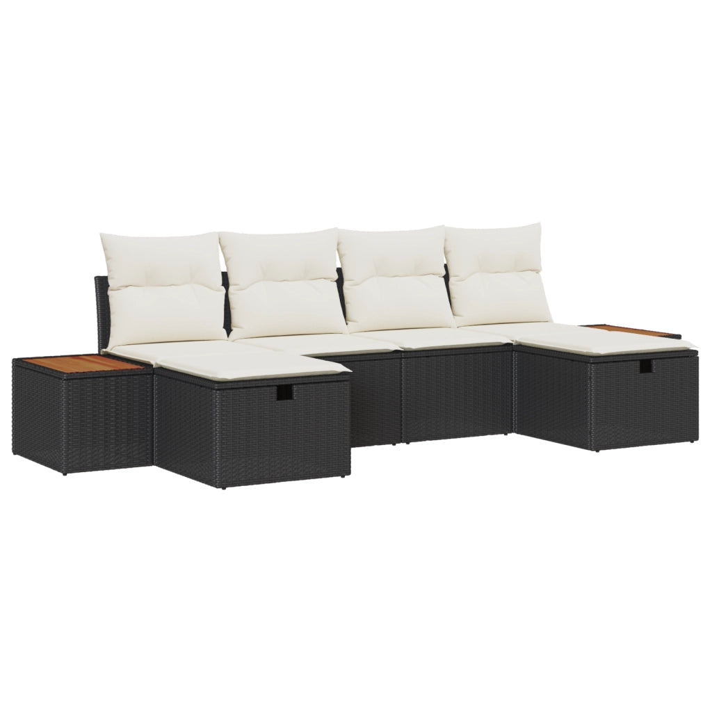 Set Divano da Giardino con 6 Pezzi e Cuscini Nero Rattan Polimerico