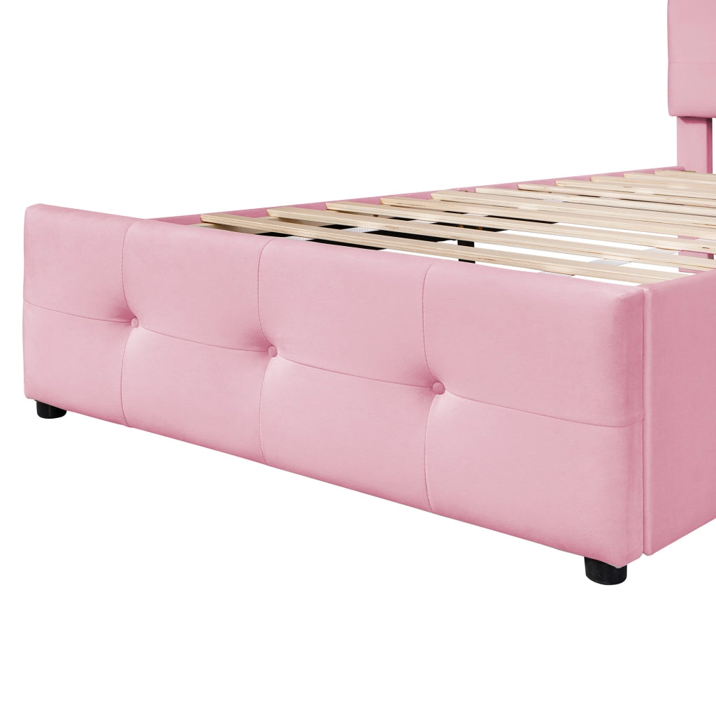 Letto imbottito con rete 90x200 cm; con testiera e cassetto contenitore; velluto rosa