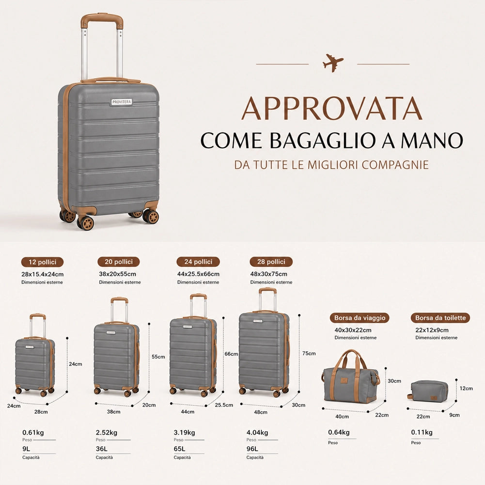 Set 6 Pezzi Valigie Rigide Family in ABS Beauty Case Grigio e Marrone 55/66/75cm