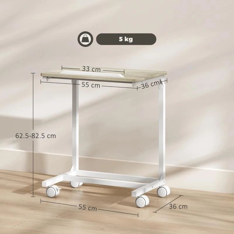 TAVOLINO DA LAVORO REGOLABILE CON PIANO INCLINABILE E 4 RUOTE, IN LEGNO E METALLO, 55X36X62.5-82.5 CM, BIANCO E ROVERE