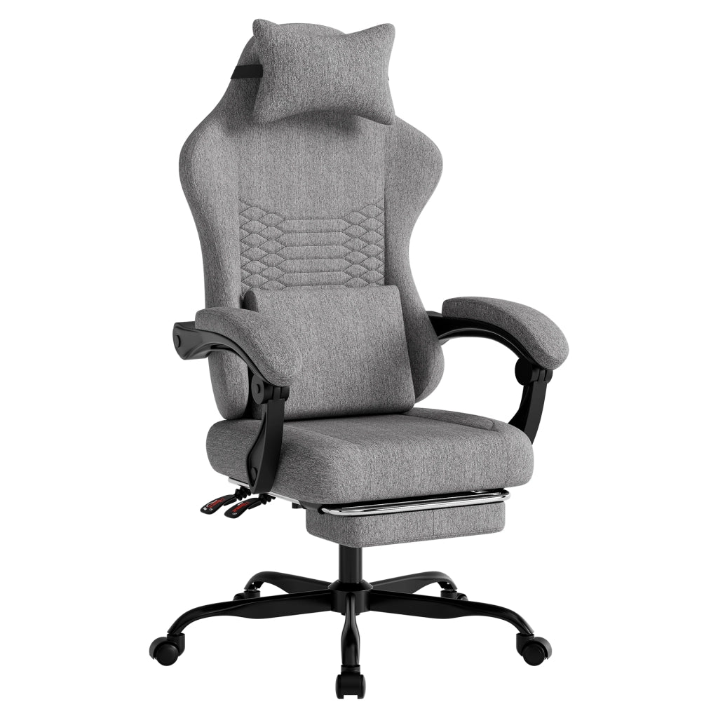 Sedia da ufficio da gaming in tessuto con supporto lombare, poggiapiedi e braccioli sincronizzati grigio chiaro