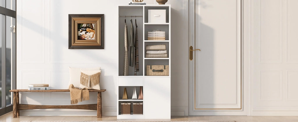 Armadio con ripiani, cassetti e asta appendiabiti 70 x 50 x 170 cm, colore bianco