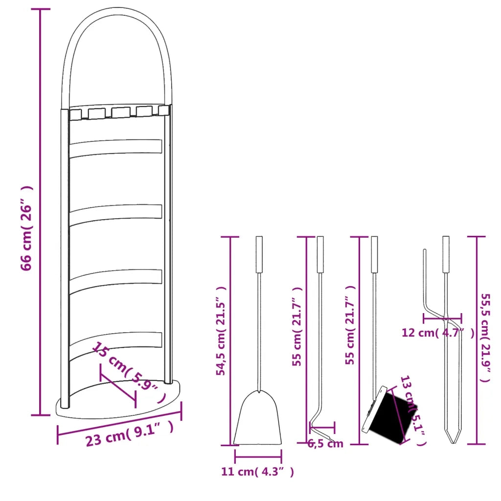 Set di attrezzi per camino 5 pezzi 23x15x66 cm in acciaio 156374