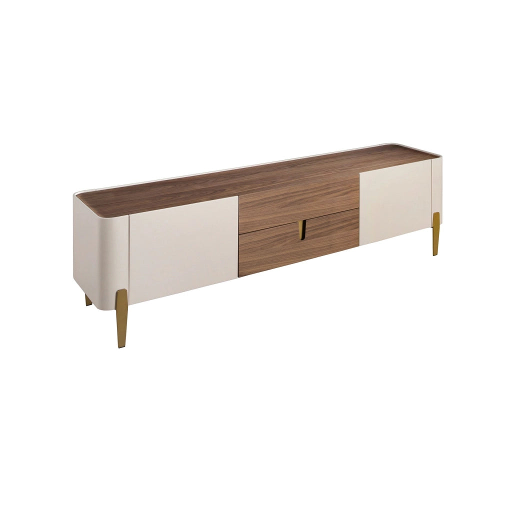 Porta TV in legno beige, acciaio lucido dorato e piano in noce