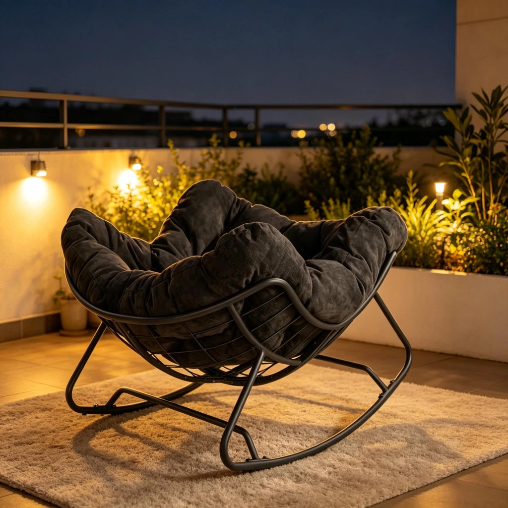 Poltrona a dondolo con seduta e cuscino avvolgente per soggiorno in chenille e metallo nero 91 × 102,5 × 77 cm