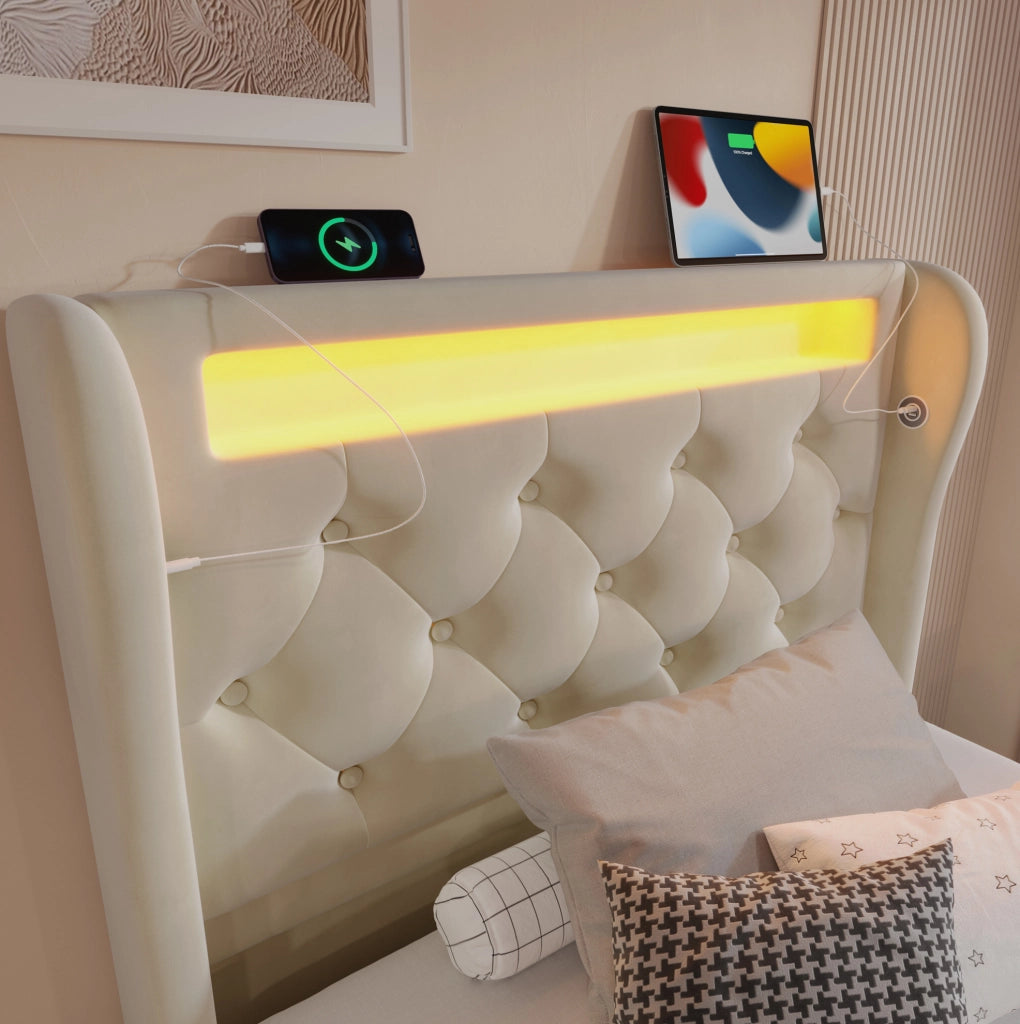 Letto singolo imbottito 90x200 cm in velluto beige con LED; ricarica USB e Type C; contenitore idraulico