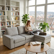 Divano angolare con 4 vani contenitori e chaise longue reversibile in poliestere grigio chiaro 245,5 cm