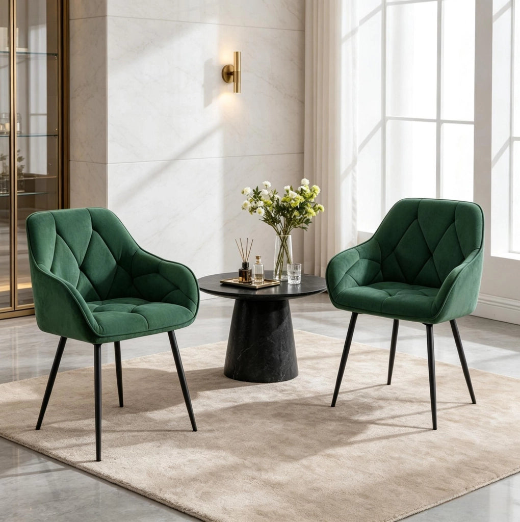 Set di 2 sedie da pranzo in velluto verde scuro con braccioli