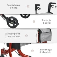 Deambulatore ad Altezza Regolabile con 3 Ruote e Tasca Portaoggetti, in Alluminio, 68x68x86.5-99 cm, Rosso