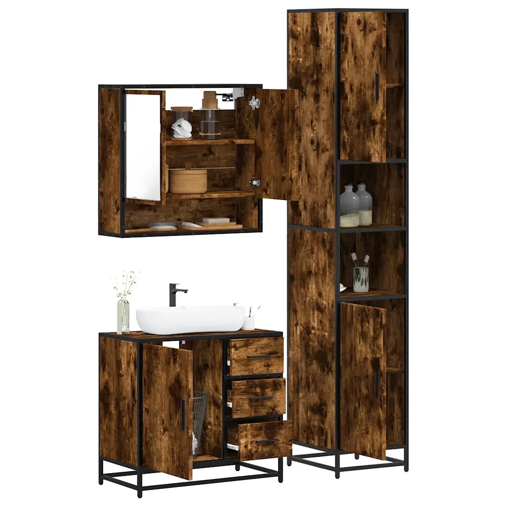vidaXL Set Mobili da Bagno 3 pz Rovere Fumo in Legno Multistrato