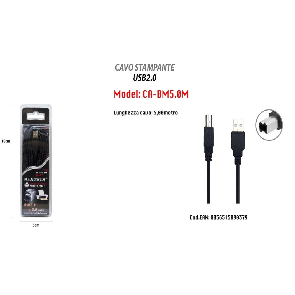 Trade Shop - Cavo Usb 2.0 5 Mt Ad Alta Velocità Per Stampante Hard Disk Scanner A/b Maschio -
