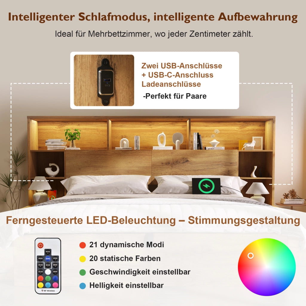 DESMIU Letto Contenitore Letto Matrimoniale con LED regolabile, USB e Type-C, 160 × 200 cm, materasso incluso
