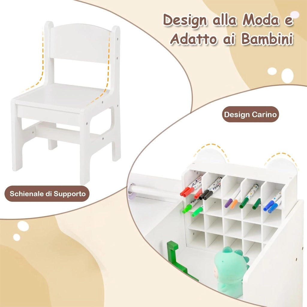 Set Tavolo e Sedia per Bambini 3+ con Porta Rotolo Carta Rimovibile | Scrivania Multifunzionale per Bambini con Mobile Cubo, Ripiani Laterali e Cassetto, Ideale per Lettura e Disegno