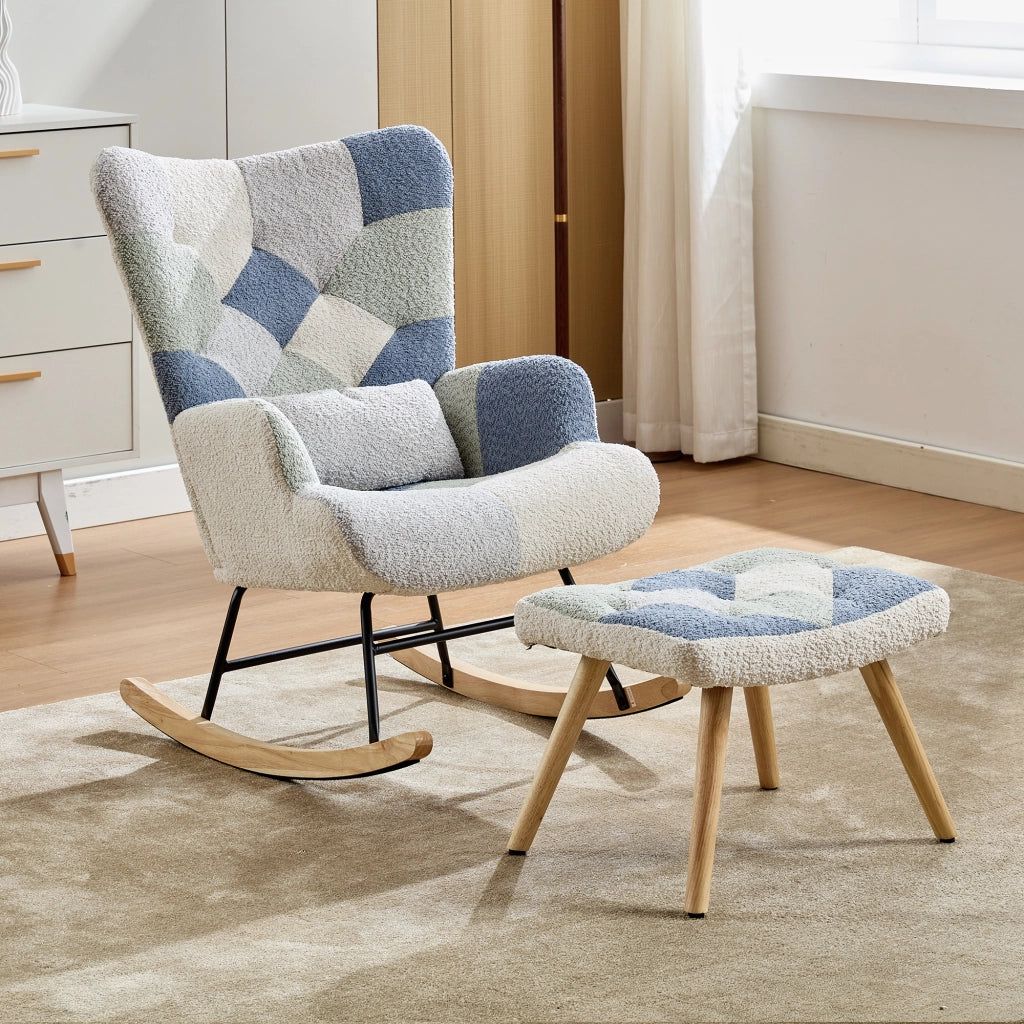 SEDIA A DONDOLO con poggiapiedi 122x68x91 cm Beige e Blu