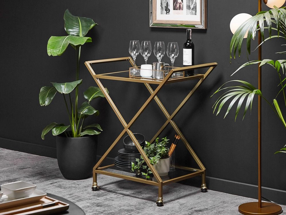 Carrello da cucina con struttura in metallo dorato piani in vetro trasparente carrello bar glamour con ruote bloccabili