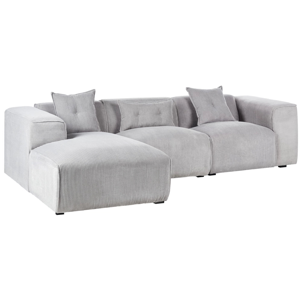 Divano Angolare lato destro in velluto a coste grigio chiaro con cuscini decorativi stile Moderno