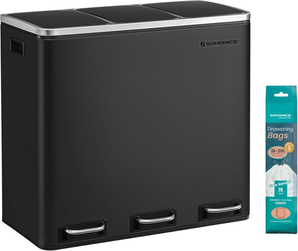 SONGMICS Cestino da Cucina, Pattumiera per Raccolta Differenziata 3 x 18L, 3 Scomparti per Riciclaggio, Coperchi a Chiusura Morbida, Pedali, Acciaio, Nero Inchiostro LTB54BK