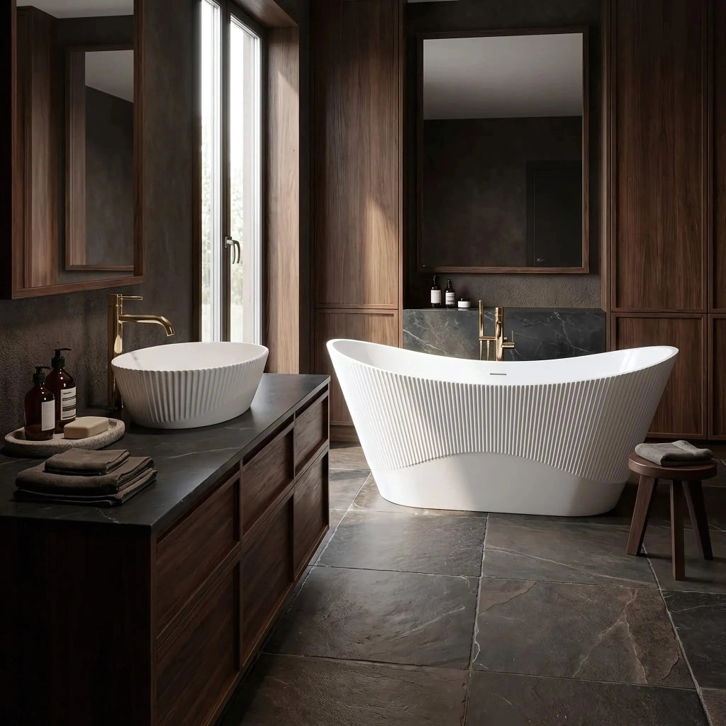 Vasca Da Bagno Freestanding In Acrilico Atena 170 Copritappo rame spazzolato