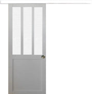 Porta scorrevole da officina bianca in vetro smerigliato H204 x L83 + binario in alluminio bianco e 2 gusci