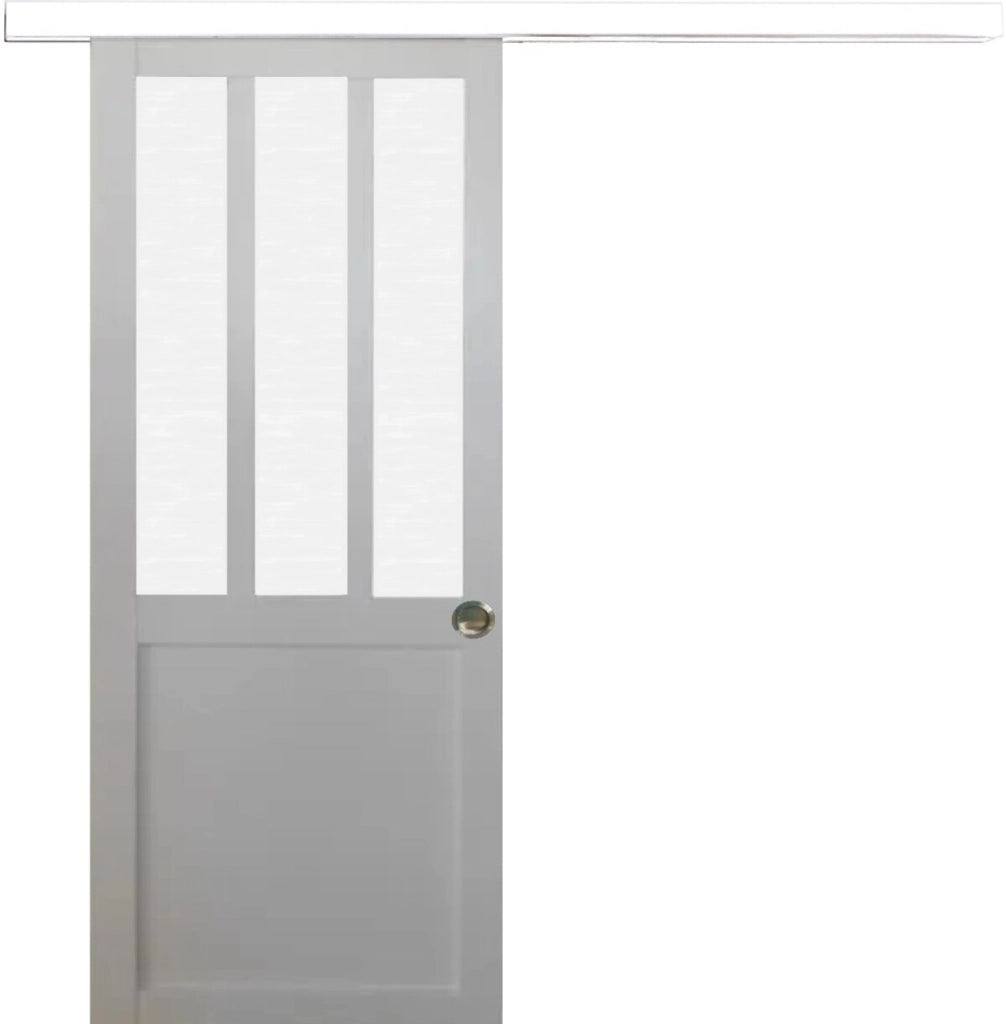 Porta scorrevole da officina bianca in vetro smerigliato H204 x L83 + binario in alluminio bianco e 2 gusci